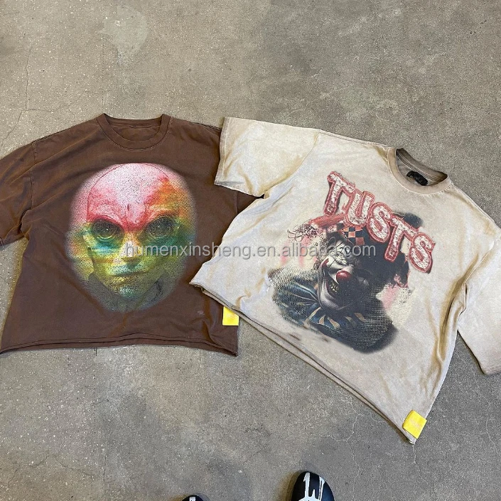 Manufacturers for customs clothes photo print raw hem sun faded acid washed t-shirt oversized boxy cropped t shirt men