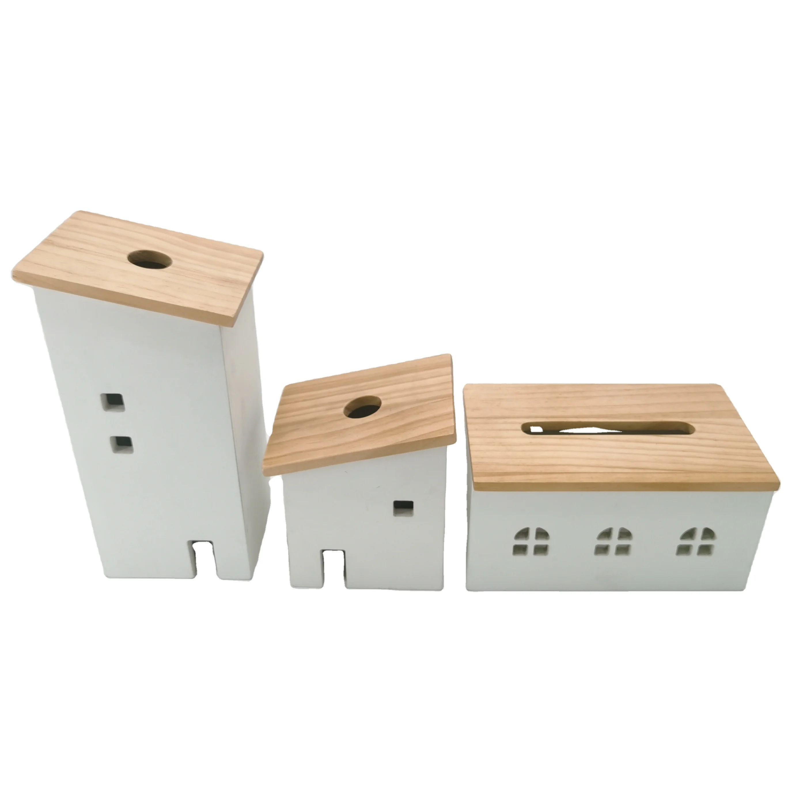 Window Chimney Roof Wood Cute Square House wood Tissue Box Holder