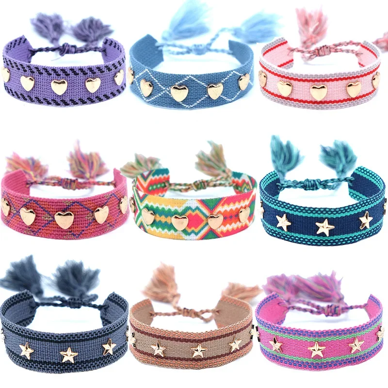 New Heart shaped Rivet Woven Friendship Bracelet Made of Cotton Fabric Charming Lover Gift Adjustable Tassel Bracelet