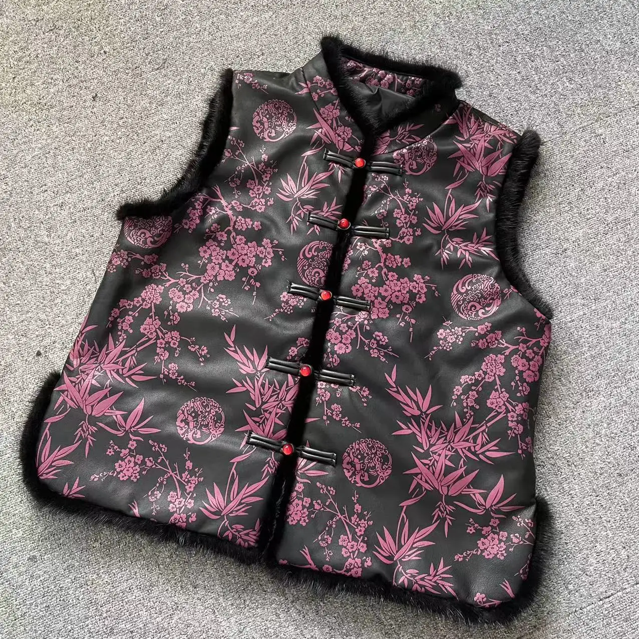 Neo Chinese Style Fashion Women Warm Vest Mink Fur Silk Cotton Filling Sheepskin Leather With Printing Waistcoat