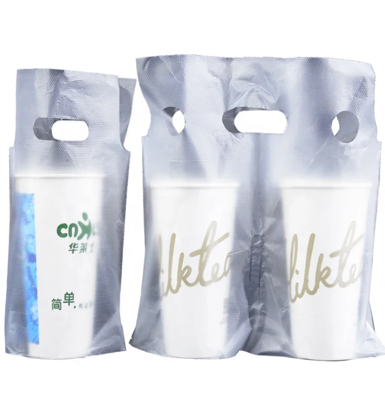 500ml/700ml Carry-out Coffee Drink Ldpe Die Cut Plastic Packaging dual Cup Holder Bag