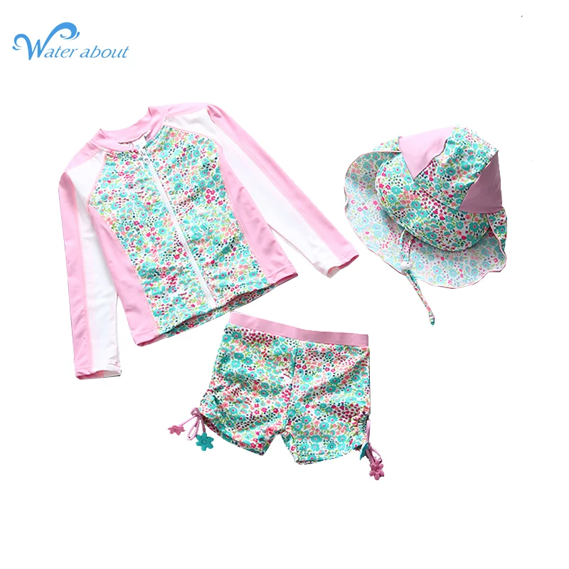 Wholesale Long Sleeve 3PCS Youth Girl Sun Protective Rash Guard Costume Front Zipper Bathing Swimming Swimwear Sets