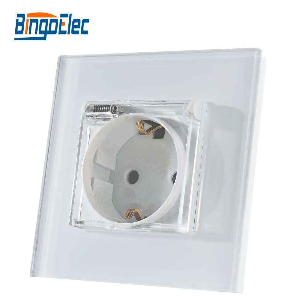 Bingoelec EU/UK Standard 16A Germany Socket With Transparent Cover Children Pet Protection 4mm Toughened Glass Panel