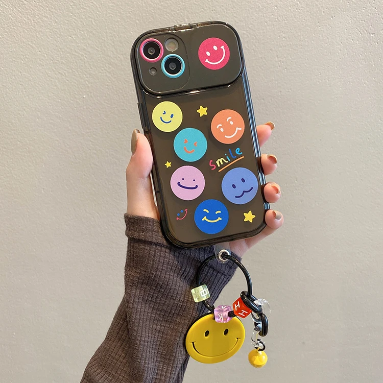 New Cute Colorful Smiley Face With Hiding Mirror Soft TPU Back Transparent Phone Case With Smiley Makeup Mirror For iPhone 14