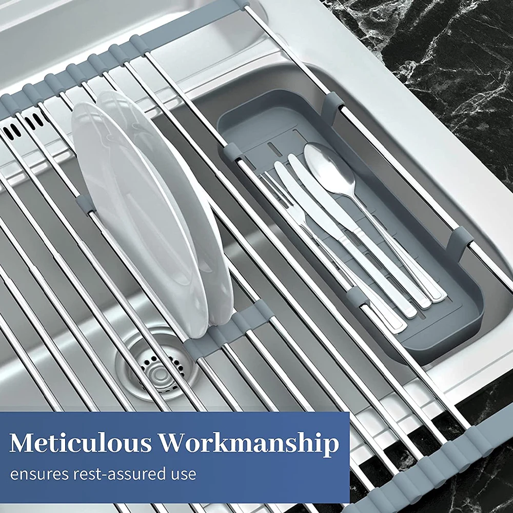 new arrival stainless steel over the sink adjustable expandable roll up dish drying rack