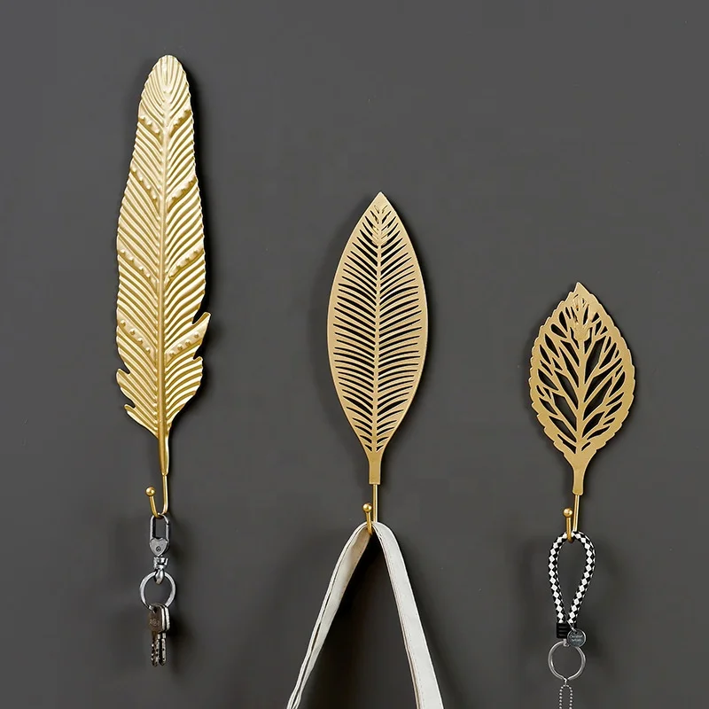 Iron Art Hooks Leaves Shape Free-hole Wall Hook Golden Coat Rack Key Towel Hanger for Home Decoration Clothing Gold