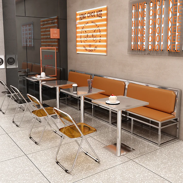 stainless steel chrome food court restaurant folding dining chair and PU leather booth sofa set for cafe bistro furniture