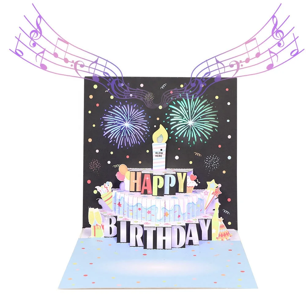 Design 3D Musical Birthday Card  Laser Cutting  Firework Birthday Blowable Pop Up Card