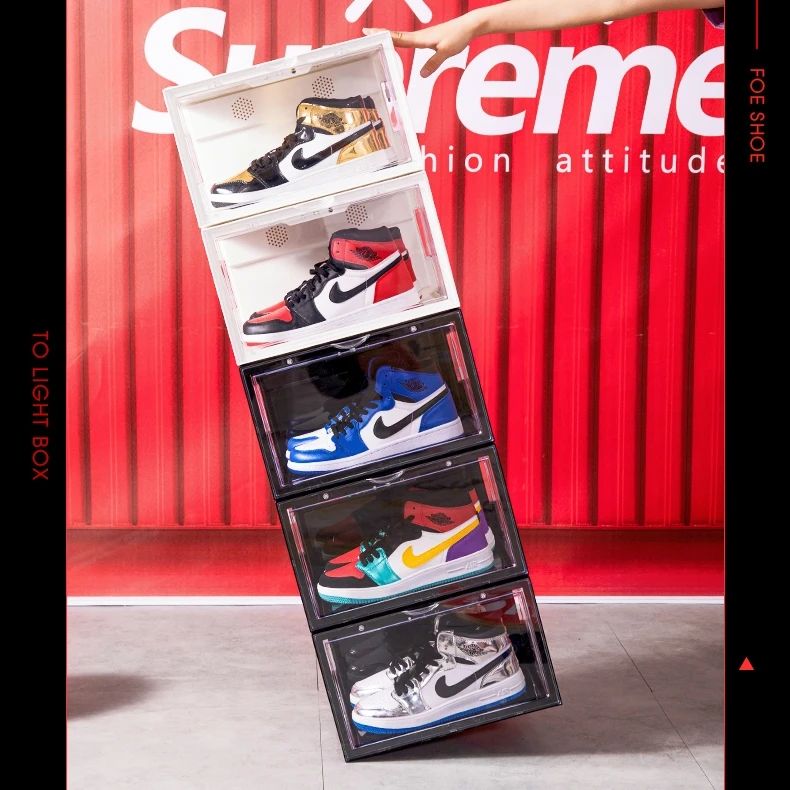 LED Side open Stackable Organizer nike plastic clear shoe containers transparent Acrylic shoe storage box magnetic with custom