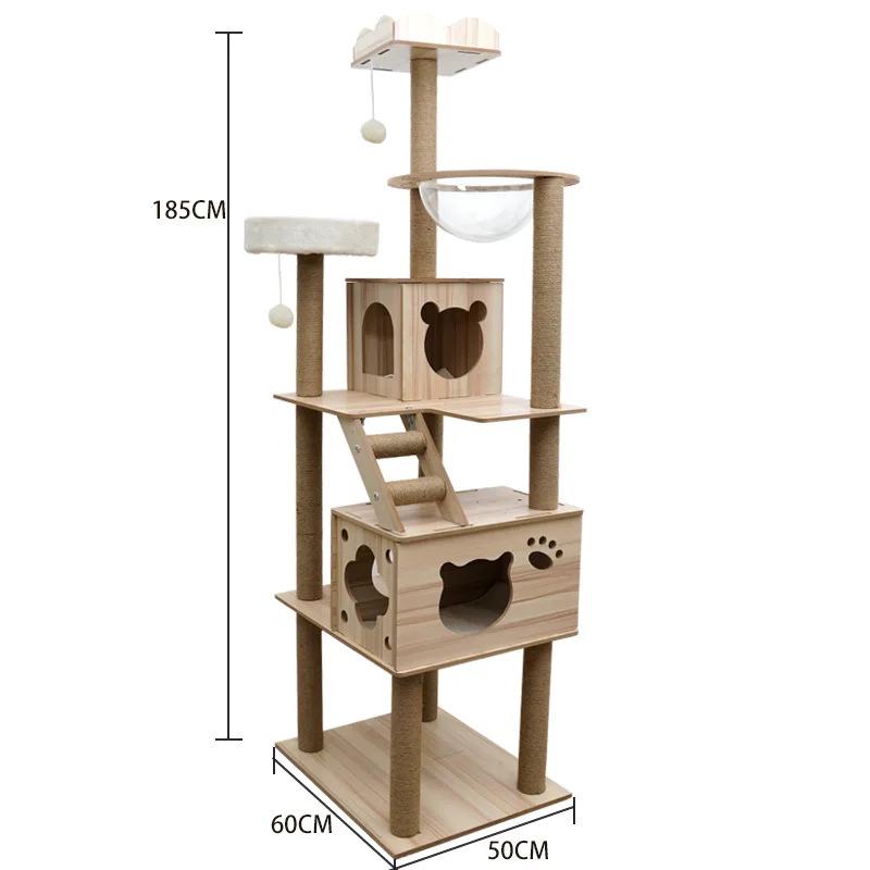 New Private label wood sisal big cat condo tree small tower furniture scratch with hammock cave beds pet bed