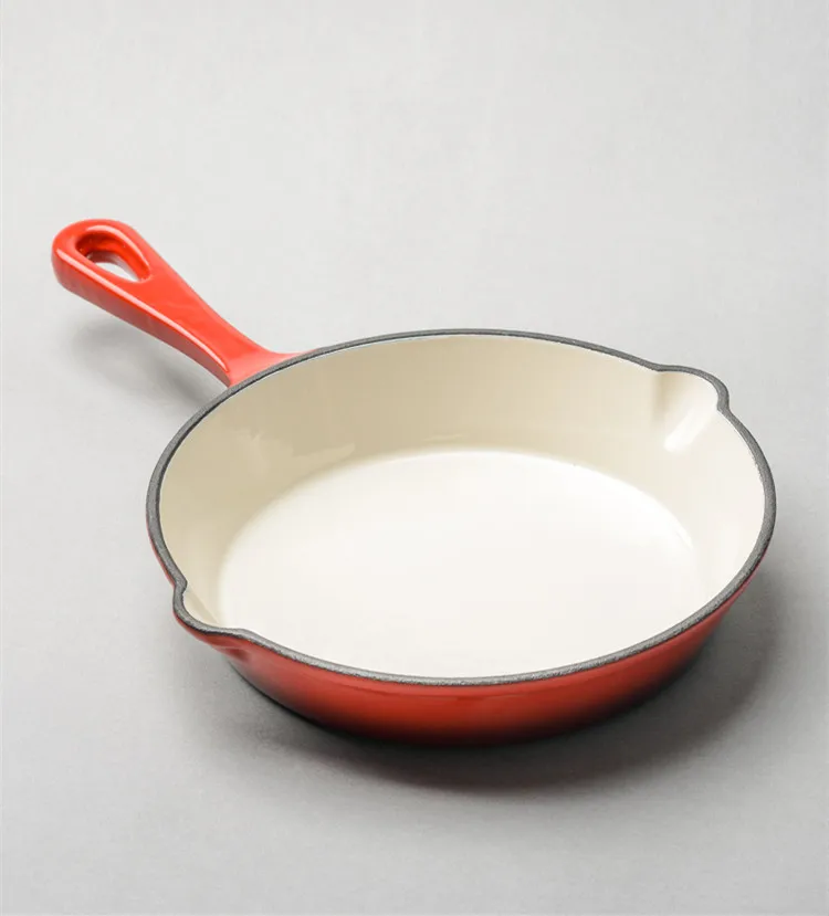 Cast iron enamel frying pan ceramic skillet cookware set flat steak pan baking Dish with Short handle and 2 outlet nozzle