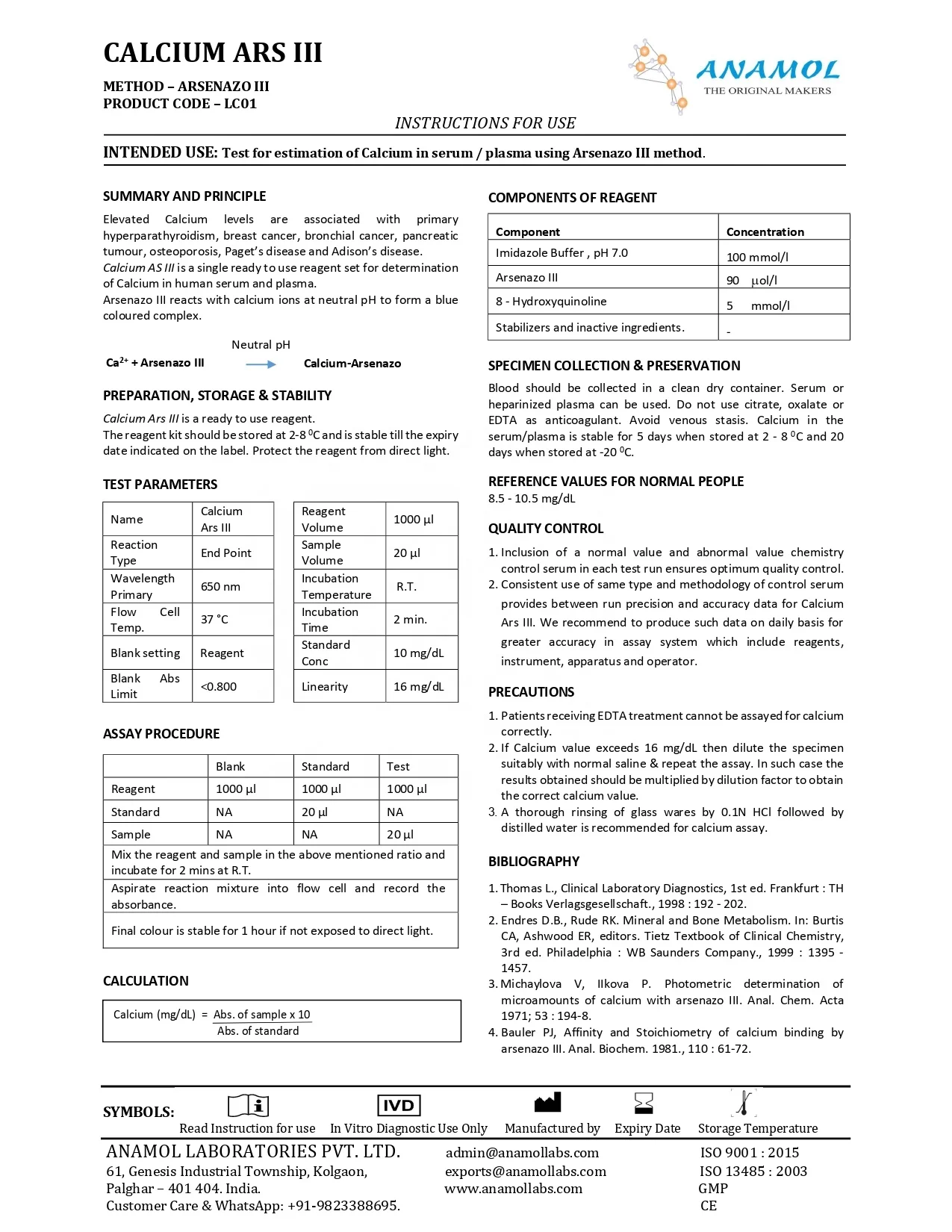 CALCIUM ARS III Biochemistry Reagent 100ml