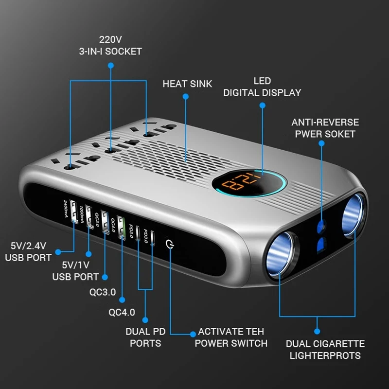 Power Modified Sine Wave Inverter USB Extended Fast Charging Voltage Display  Car Inverter 12v/24v To 220V Converter 200W