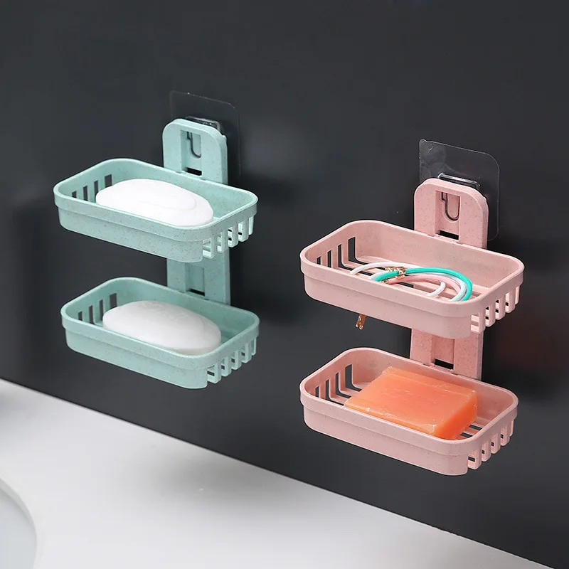 Non perforated bathroom drainage wall mounted soap box storage rack suction cup double-layer soap holder