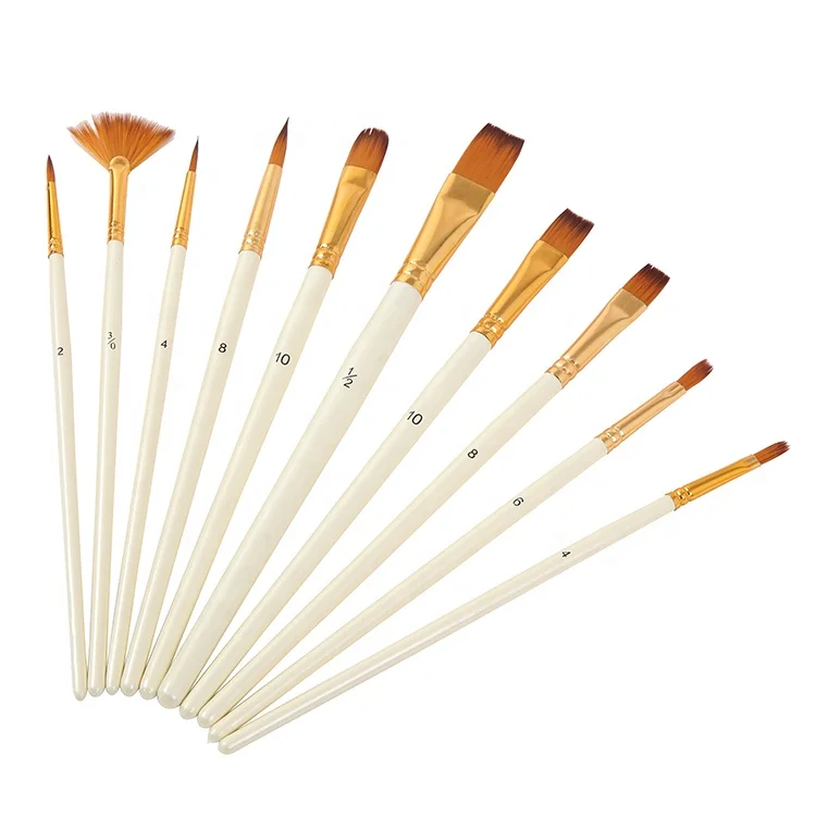 Whole Good Quality 2 colors Nylon Hair White Wood Handle Acrylic Oil Watercolor Artist Professional 10 pcs Kit Painting Brush