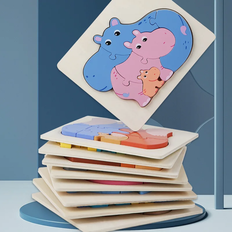 3d Jigsaw Puzzles Wooden Toy Early Education Animal Three-in-one Parent-child Animal Puzzle Hand-eye Coordination Wooden Puzzle