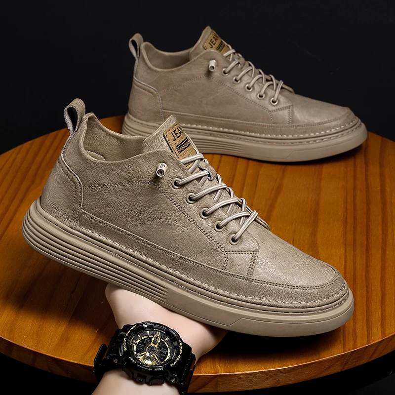 Men Fashion Cool Genuine Leather Casual Soft Flat Black High Top Rubber Pu Warm Non Slip Durable Boots