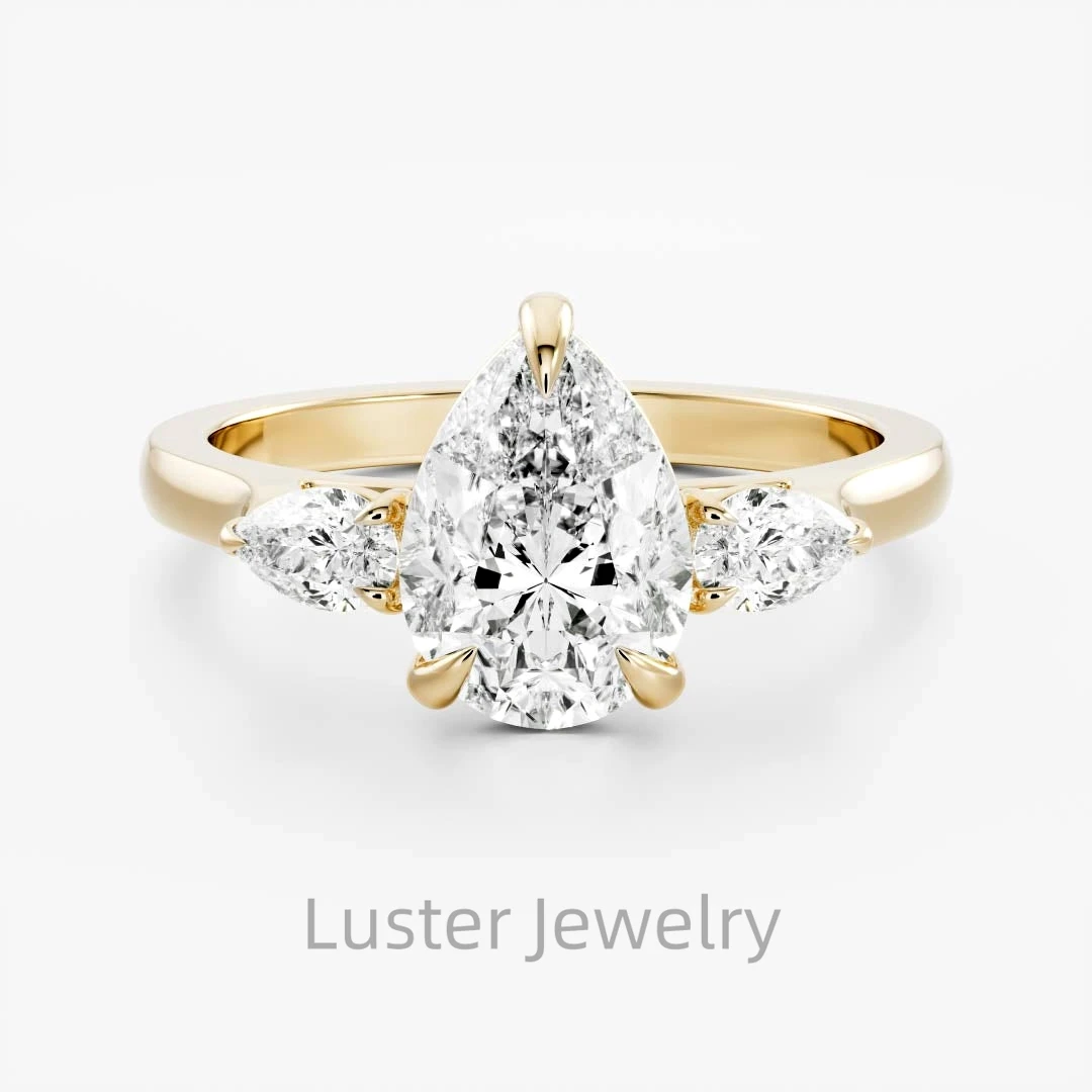 Luster Fine Jewelry Engagement 1.5ct D White Moissanite 10K 14K 18K Gold High Quality Pear Cut Moissanite Three Stone Ring