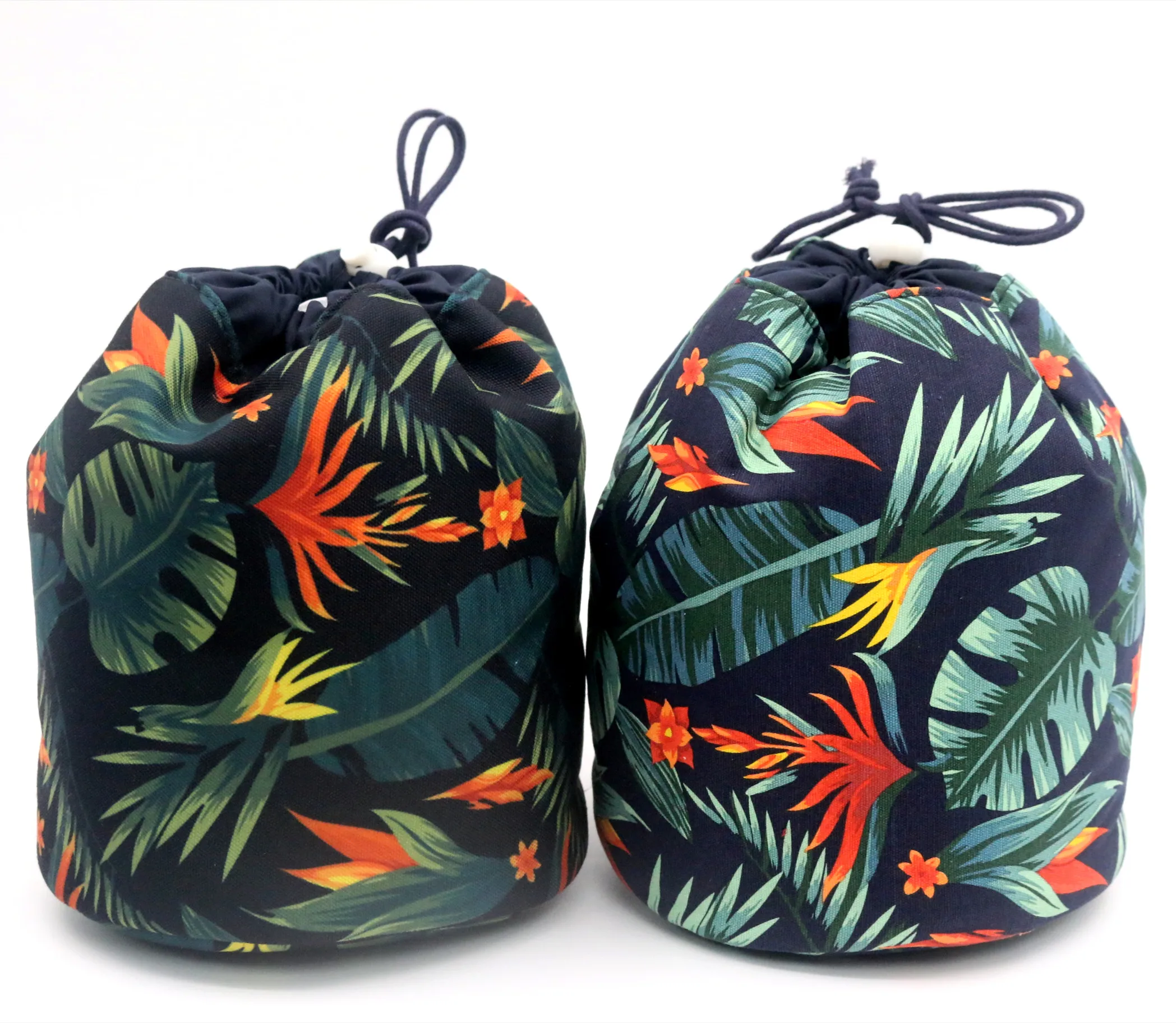 2022 Hawaii Style Eco-friendly Drawstring Promotional Bag  Floral Pattern Dark Blue Recycled Cotton Large Drawstring Makeup Bag