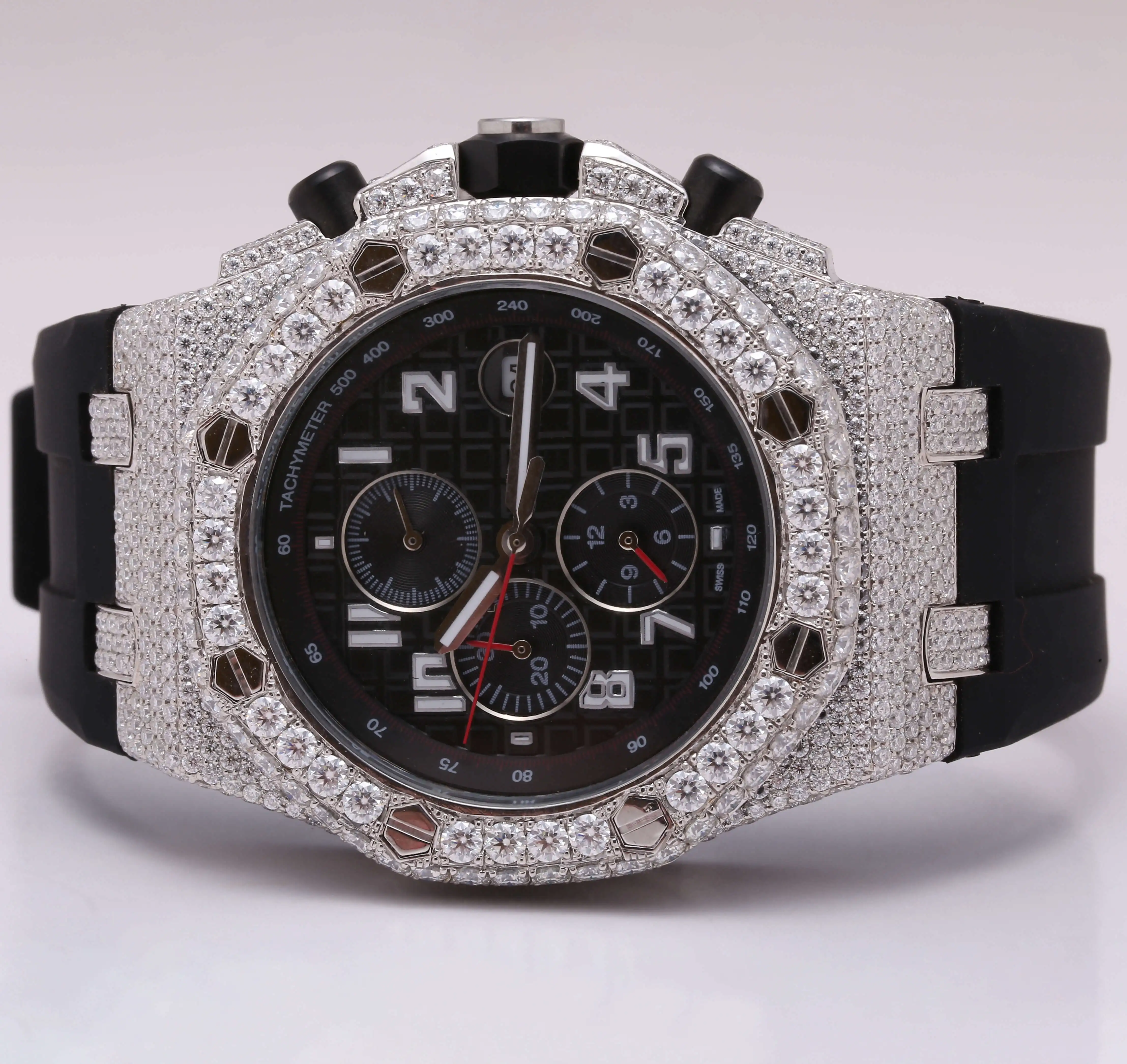 Premium Quality Mechanical Belt Iced Out Bezel Tester Passed VS Chrono Custom Logo Big Dial with Box Moissanite Diamond Watch