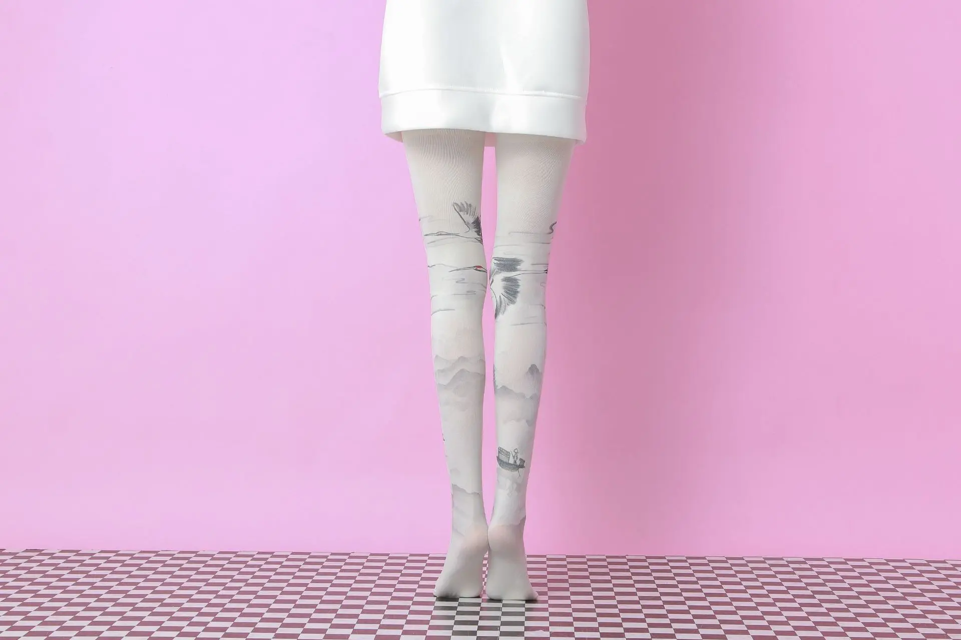 Chinese Ink Painting 360 Print Socks Custom Printed Pantyhose Women Seamless Tights