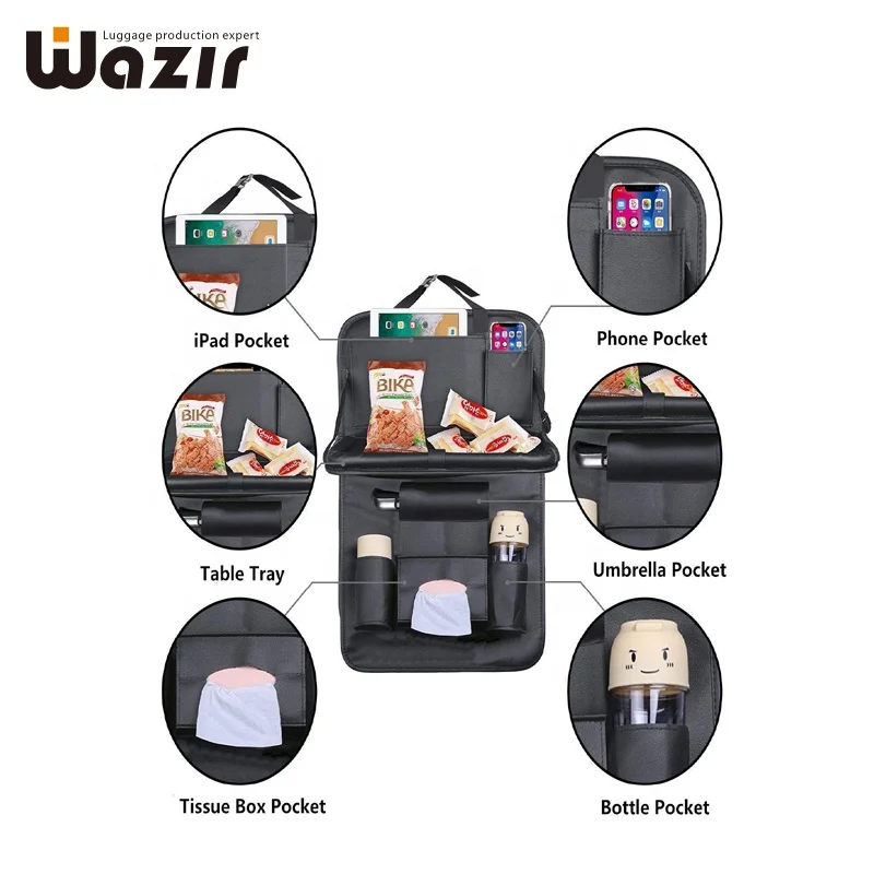 PU Leather car seat organizer with folding foldable table tray Tablet Phone bottle mug holder tissue storage bag