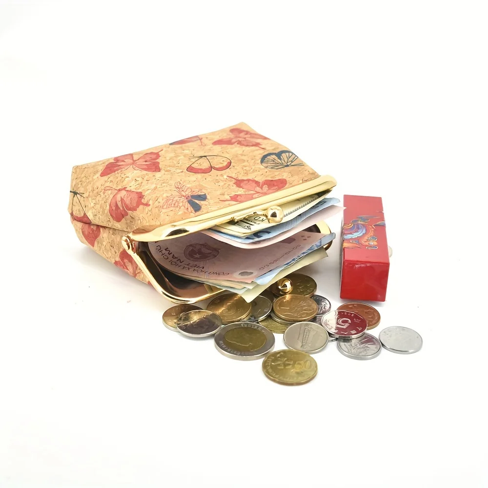 Mini Retro Butterfly Pattern Cork Purse, Classic Kis-Lock Cork Wallet For Women, Elegant Cork Clutch Bag