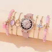 192045  7pcs Quartz Watches For Women Pu Leather Wrist Watch Alloy Pointer Jewelry Set