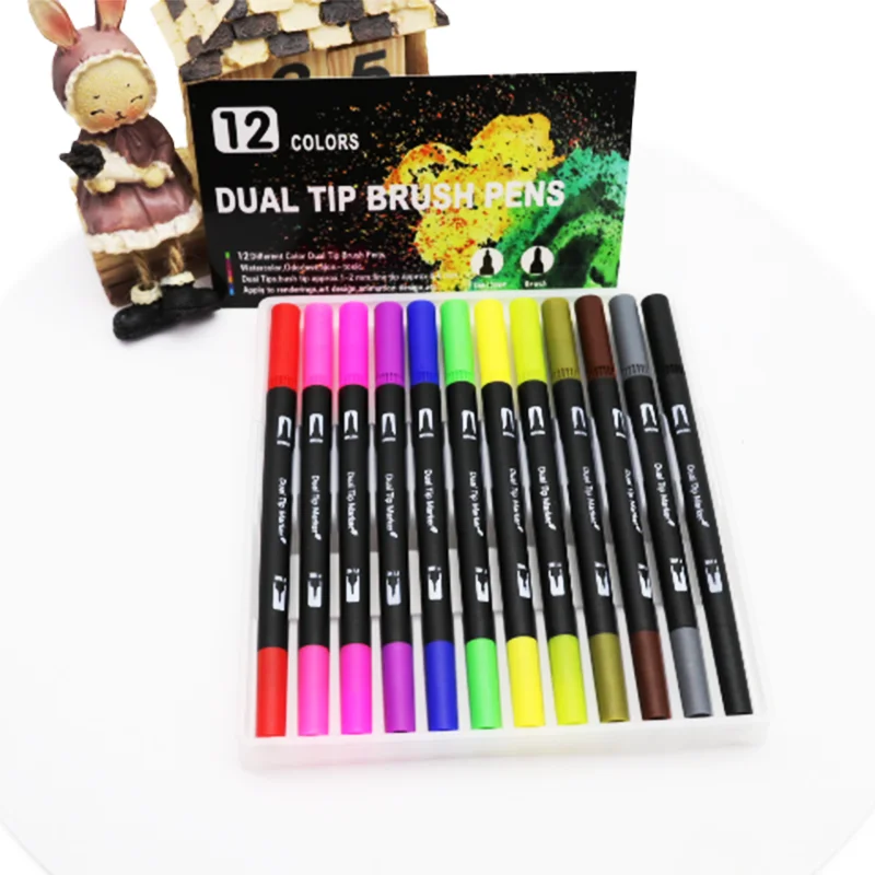 24 Colors Color Thin Markers Double Tip Brush Pen Set  Dual Tip Pen Set With Soft Double Point Touch Markers Fineliner Brush Pen