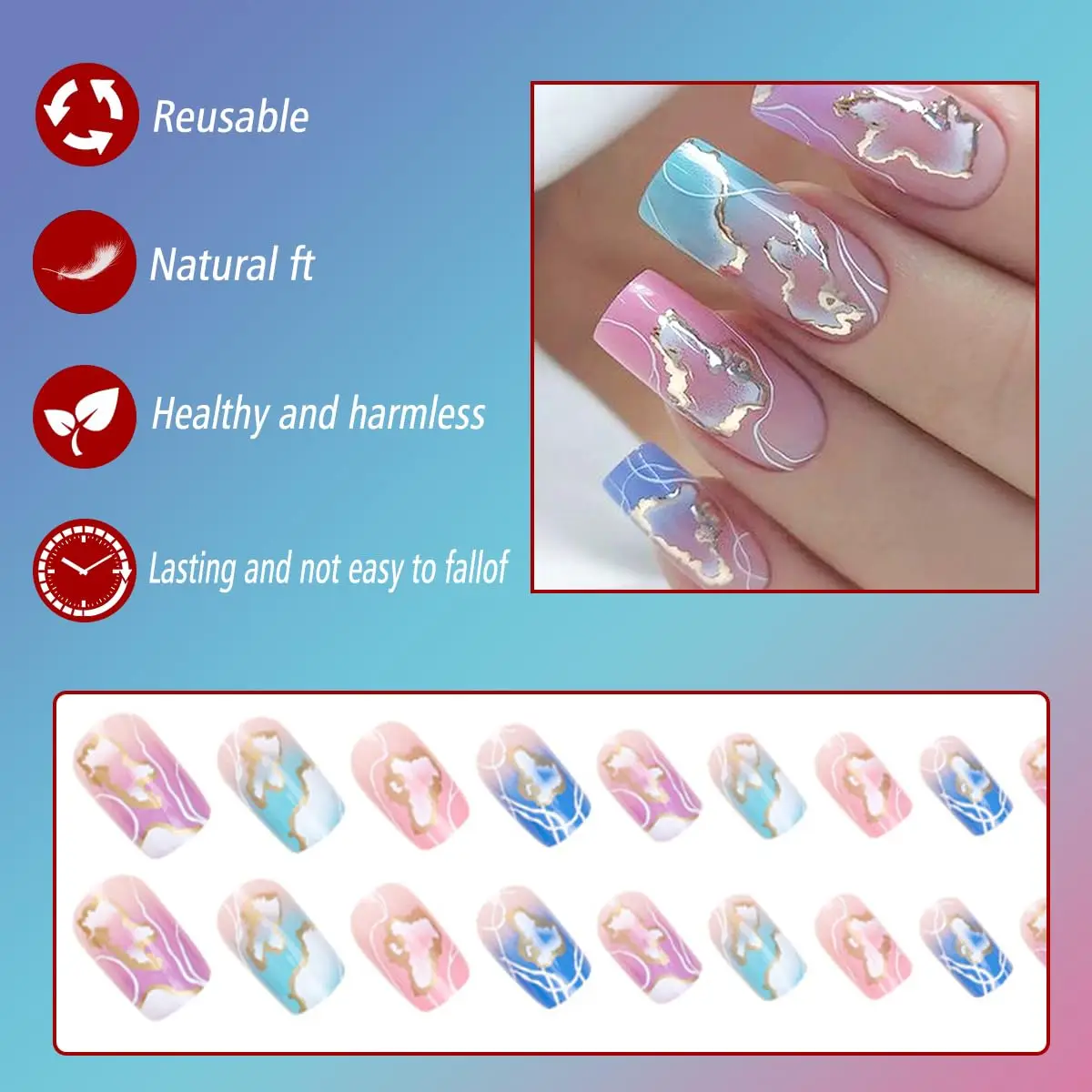 Colored Gradient Irregular Pattern French Press on Nail Long 24Pcs Square Fake Nail Full Cover False Nail Manicure for Women