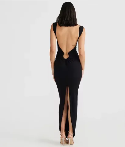 Women new design v Neck Sleeveless Backless Ring Bodycon Split Women Dress Elegant Evening Party Pronm for lady