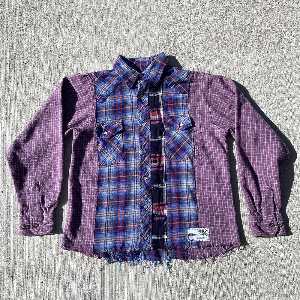 Custom hip hop streetwear uneven hem distressed men plaid shirts paneled flannels patchwork cut and sew panel flannel shirt