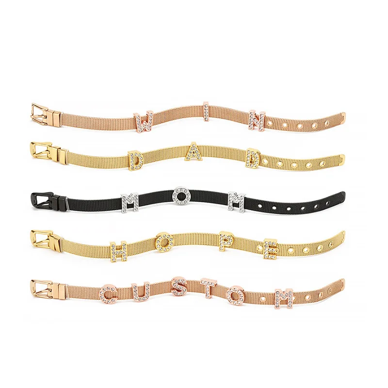 Personality Diy Adjustable Zircon Alphabet Watchband Bracelets Stainless Steel 26 Initial Letter Custom Bracelet For Mom Gift