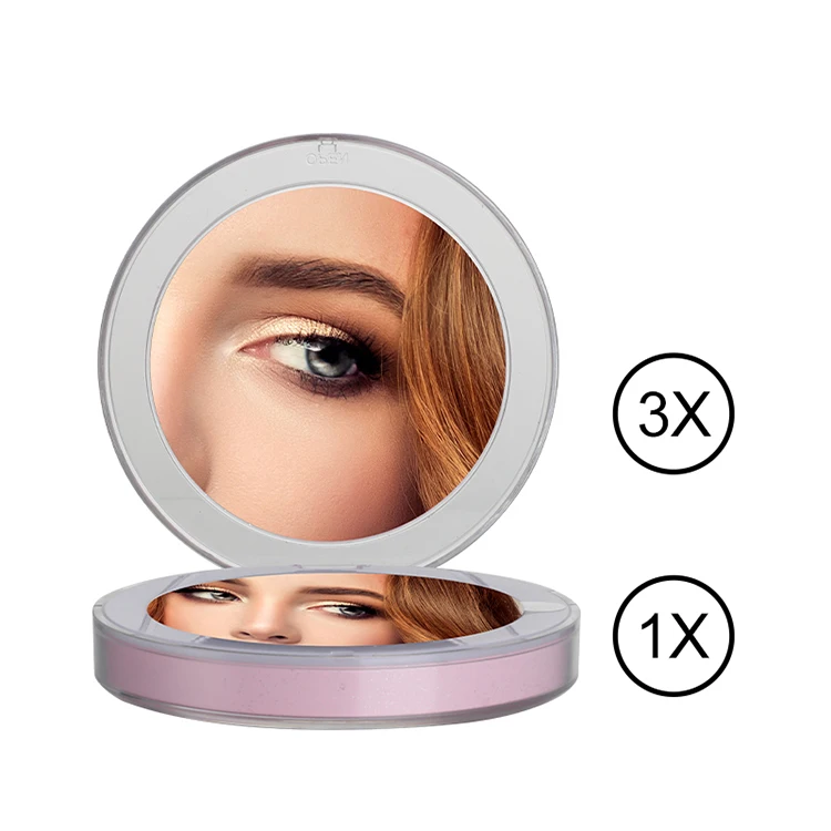 design unique makeup mirror mini length compact round pink foldable dual sided led mirror with light for bedroom