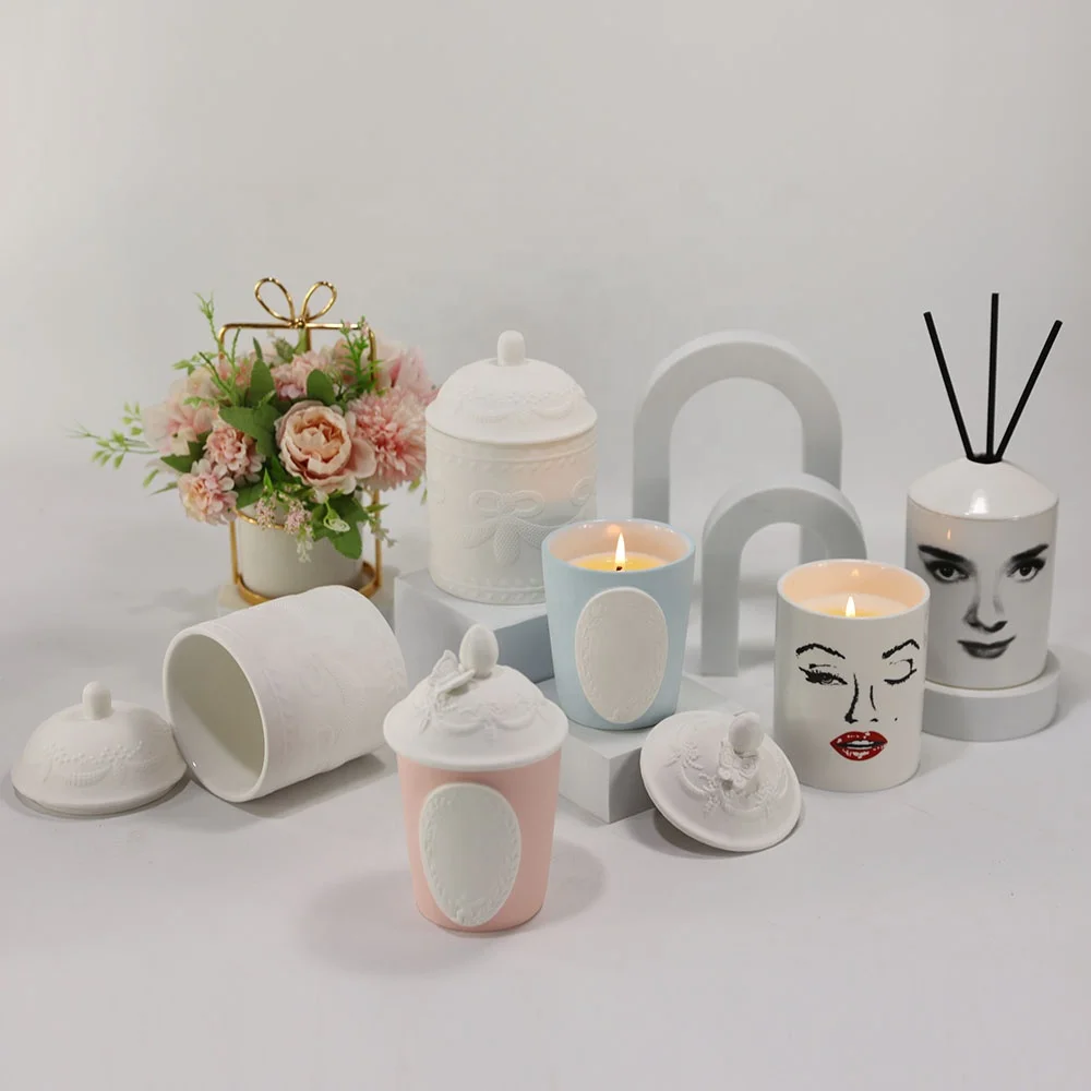 Luxury White Home  Decoration Ceramic Jar DIY Scented Candle Gift Set Lemongrass Soy Candles Private Label Custom