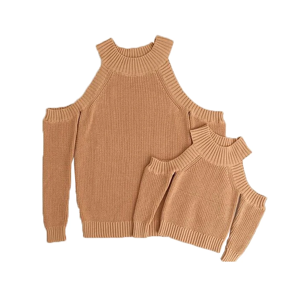 
Fashion family matching mommy and me clothing off shoulder sweater long sleeve knitted wear set 