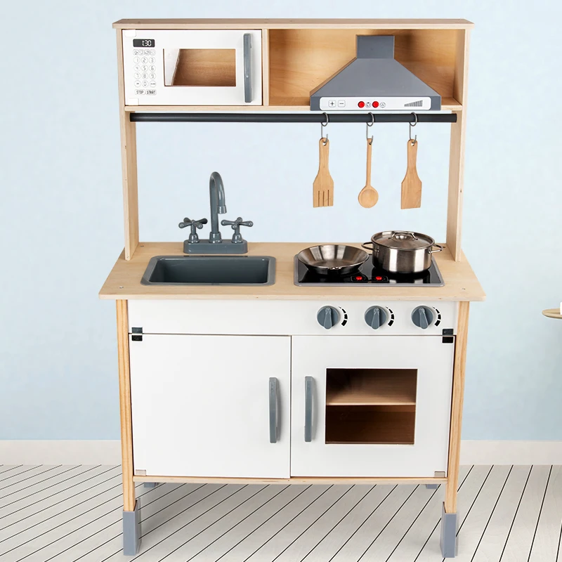 NUNUKIDS Newly released child large classic wooden kitchen toys play set electronic stove toy with light and sound