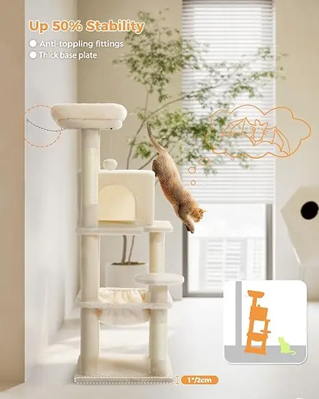 Factory Cat Tree with Metal Plush Hammock Cat Tower with 2 Door Condo House 6 Tier Cat Shelves with Scratching Posts