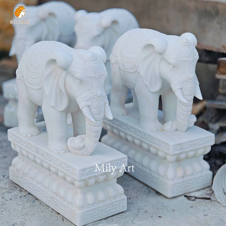 Hand Carved Customized Stone Animal Sculpture White Marble Elephant Statue for Home Decoration
