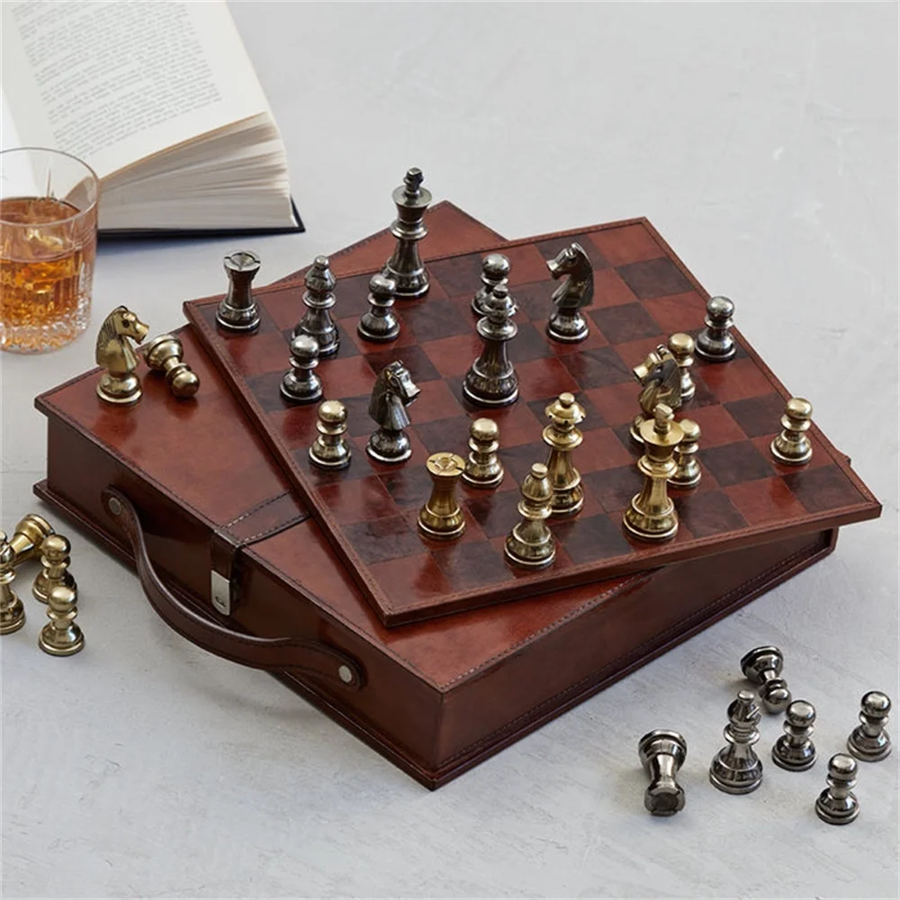 Handmade top leather chess table games set for kids and family