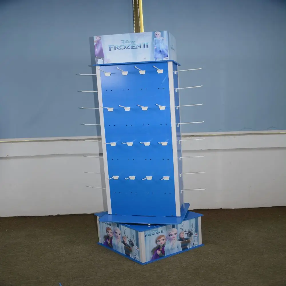 Professional Service Customized Cardboard Pegboard Rotating Display 4 Sides Floor Display Stand With Hook