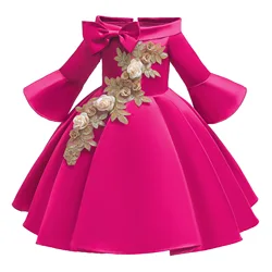 2022 deep pink color luxurious multi-layered Long sleeve Birthday Party born baby girl dress winter princess