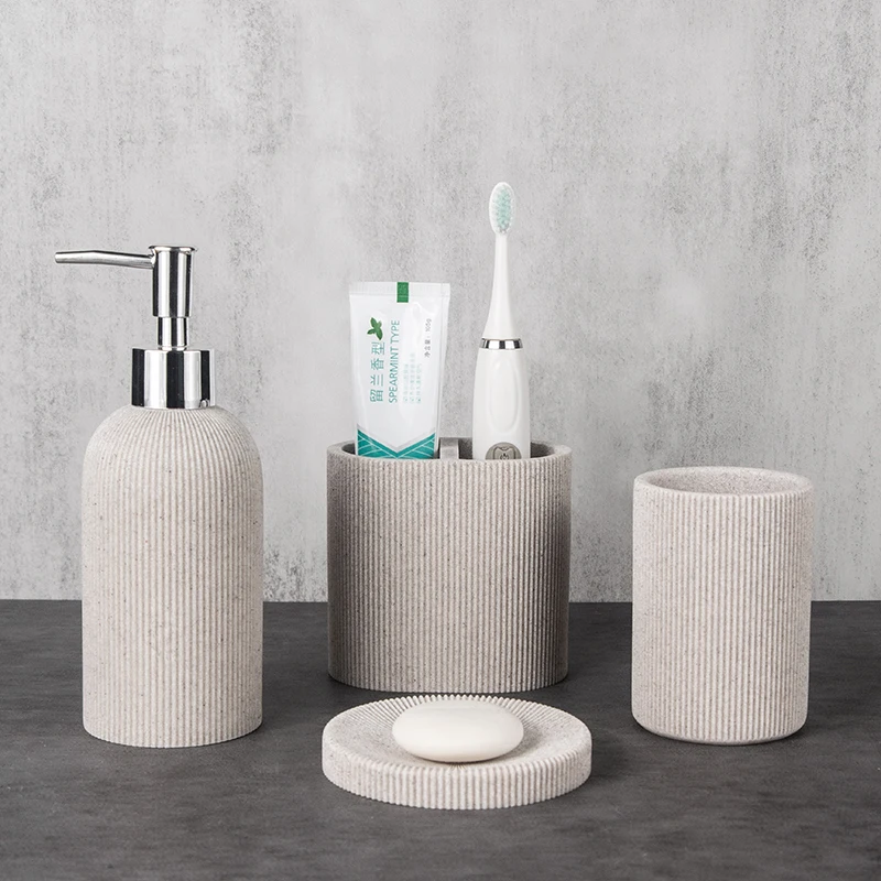 Custom wholesale 4 piece resin sandstone bathroom accessories set