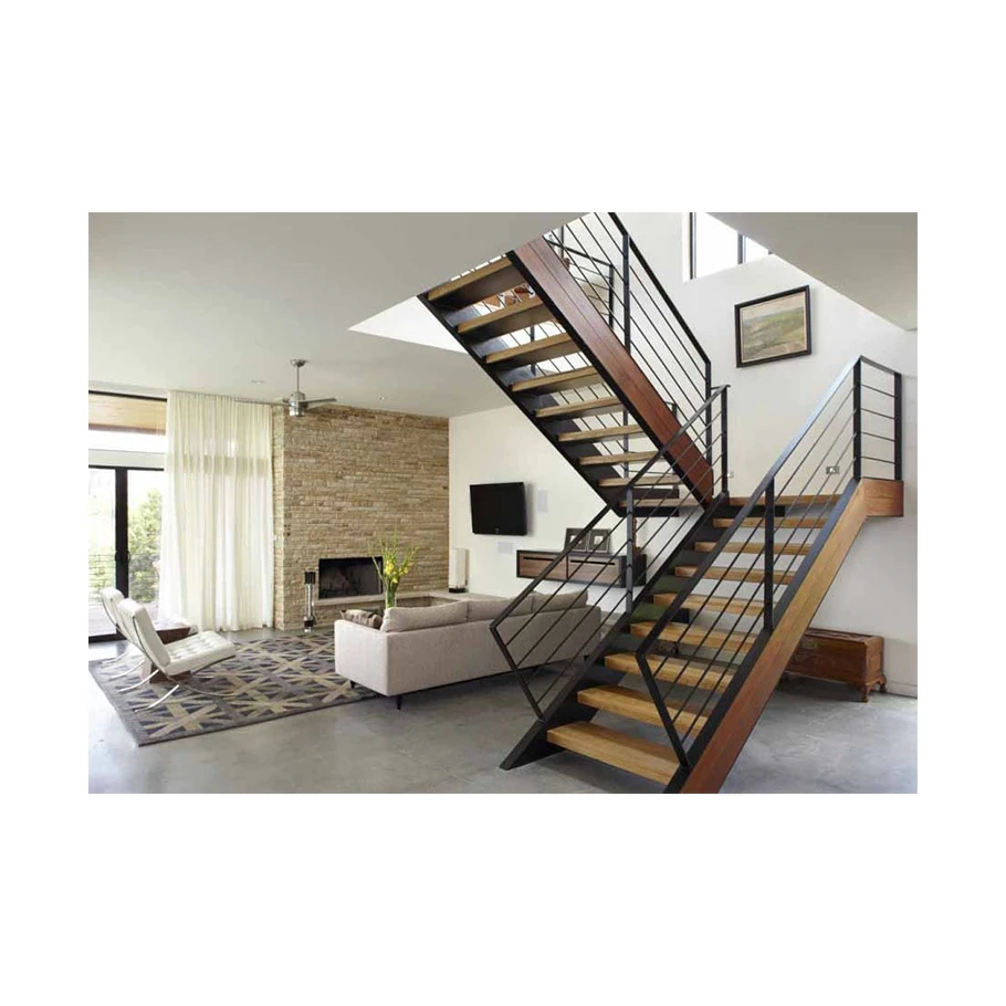 Prima Straight Single Steel Stair Center Beam Straight Staircase Cable Railing Stringer with Wooden Step Design