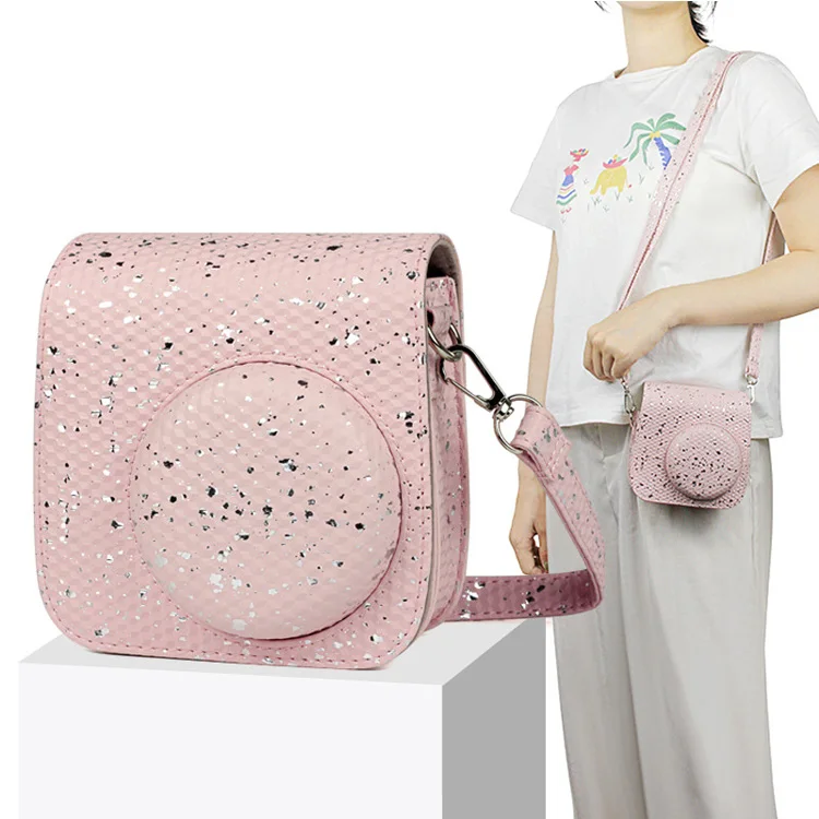 
Instant pink glitter honeycomb pu leather camera bag case for fujifilm instax mini 8 9 