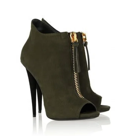 Front Zipper Round Peep Toe High Heel Sexy Short Booty Women  Spike Heel Army Green Ankle Boots Big Size 43