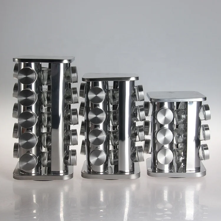 wholesale food grade decorative rotating glass spice jar bottle rack set with plastic stand and screw lid