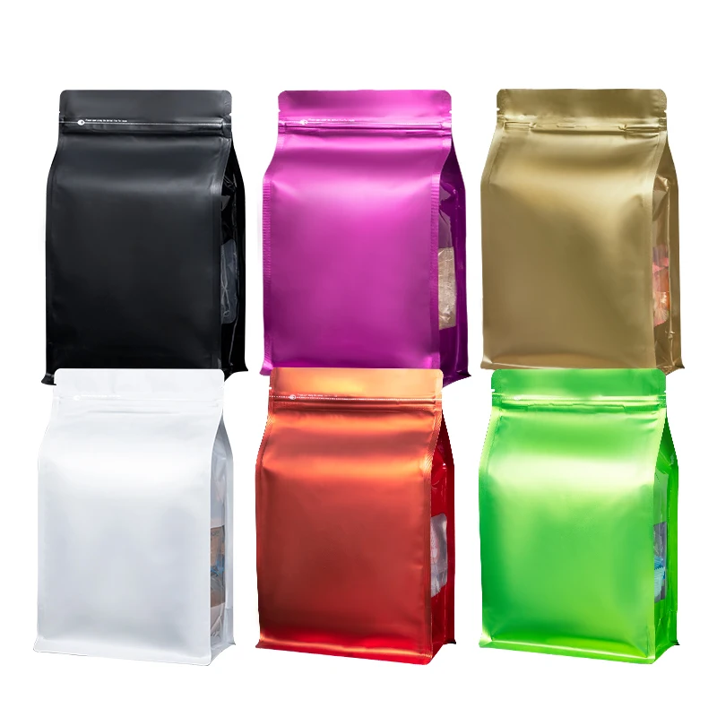 Custom Wholesale Colored Aluminum Foil Stand Up Pouches Aluminium Foil Eight Edge-sealing Zipper Coffee Bag With Clear Window