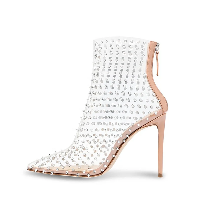Large Size High Heel Transparent PVC Booties Clear Ankle Boots With Studs