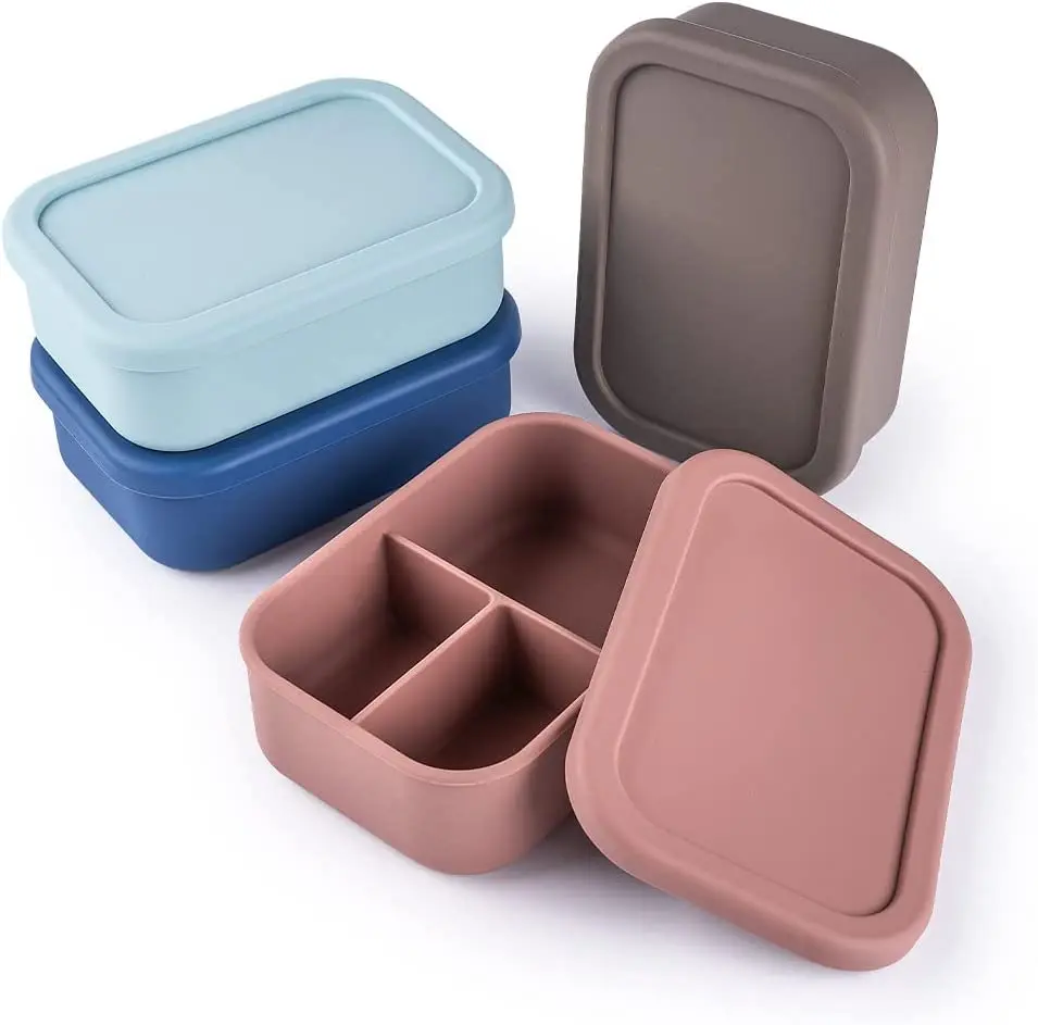 Food Grade Silicone  3 Compartments Food Storage Box Silicone Food Container Bento Lunch Box for kids traveling